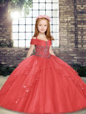 Floor Length Lace Up Little Girl Pageant Gowns Coral Red for Party and Wedding Party with Beading and Ruffles