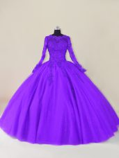 High Class Floor Length Purple Quinceanera Dress Scalloped Long Sleeves Zipper