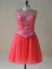 Suitable Coral Red Scoop Lace Up Beading Prom Dress Sleeveless
