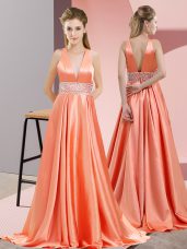 V-neck Sleeveless Brush Train Backless Prom Dress Orange Red Elastic Woven Satin