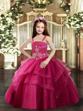 Ball Gowns Child Pageant Dress Red Straps Tulle Sleeveless Floor Length Lace Up