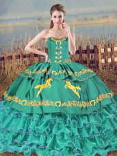 Colorful Floor Length Turquoise Quinceanera Gown Satin Sleeveless Embroidery and Ruffled Layers