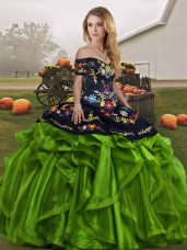 Embroidery and Ruffles 15th Birthday Dress Green Lace Up Sleeveless Floor Length