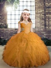 Nice Tulle Straps Sleeveless Lace Up Beading and Ruffles Pageant Dress Womens in Gold