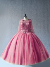 Sumptuous Floor Length Lace Up 15th Birthday Dress Pink for Sweet 16 and Quinceanera with Beading