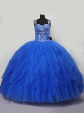 Top Selling Straps Sleeveless Tulle Quinceanera Gown Beading and Ruffles Lace Up