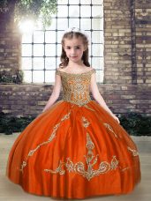 Simple Orange Red Lace Up Off The Shoulder Beading Kids Formal Wear Tulle Sleeveless