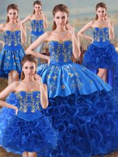 Sleeveless Fabric With Rolling Flowers Floor Length Lace Up Vestidos de Quinceanera in Royal Blue with Embroidery