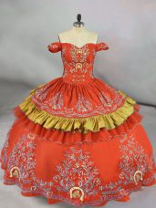 Fancy Sleeveless Satin Floor Length Lace Up Sweet 16 Quinceanera Dress in Orange Red with Embroidery