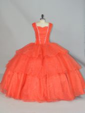Elegant Sleeveless Floor Length Beading and Ruffled Layers Lace Up Sweet 16 Quinceanera Dress with Orange Red