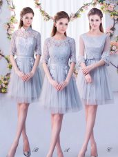 Grey Lace Up Scoop Lace Quinceanera Court Dresses Tulle Half Sleeves