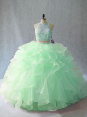 Apple Green Backless Halter Top Beading and Ruffles Quinceanera Gowns Organza Sleeveless Brush Train