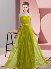 Olive Green Empire Chiffon Scoop Sleeveless Beading Floor Length Lace Up Bridesmaid Dress