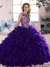 Designer Floor Length Purple Vestidos de Quinceanera Organza Sleeveless Beading and Ruffles