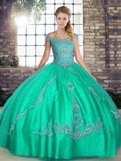 Off The Shoulder Sleeveless Tulle Quinceanera Dresses Beading and Embroidery Lace Up