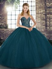 Trendy Beading 15th Birthday Dress Teal Lace Up Sleeveless Floor Length
