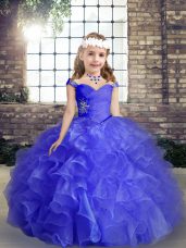 Elegant Sleeveless Organza Floor Length Lace Up Pageant Dress Toddler in Blue with Beading and Ruffles and Ruching
