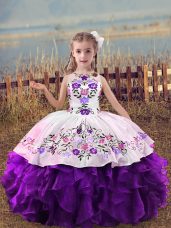 Stunning Sleeveless Lace Up Floor Length Embroidery and Ruffles Girls Pageant Dresses