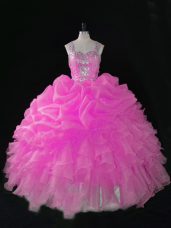 Hot Pink Sleeveless Floor Length Beading and Ruffles and Pick Ups Zipper Quinceanera Gowns