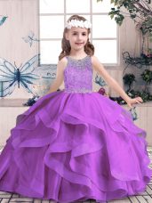 Purple Ball Gowns Scoop Sleeveless Tulle Floor Length Lace Up Beading and Ruffles Little Girl Pageant Dress
