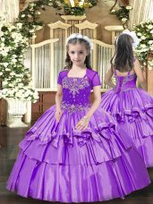Lavender Girls Pageant Dresses Party and Wedding Party with Beading and Ruffled Layers Straps Sleeveless Lace Up
