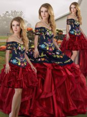 Red And Black Lace Up Off The Shoulder Embroidery and Ruffles Sweet 16 Quinceanera Dress Organza Sleeveless