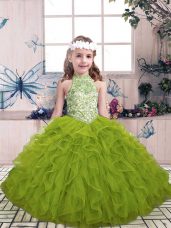 Lovely Olive Green Lace Up Pageant Dress for Teens Beading and Ruffles Sleeveless Floor Length