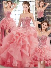 Glorious Ball Gowns Sleeveless Watermelon Red Quinceanera Dress Brush Train Lace Up
