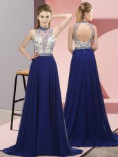 Chiffon Halter Top Sleeveless Brush Train Backless Beading Prom Party Dress in Royal Blue