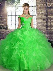 Customized Green Sleeveless Beading and Ruffles Floor Length Quinceanera Gown
