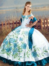 Ball Gowns Quince Ball Gowns Blue And White Off The Shoulder Satin Sleeveless Floor Length Lace Up