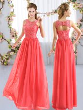 Deluxe Coral Red Scoop Neckline Lace Quinceanera Court Dresses Sleeveless Zipper