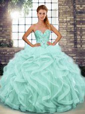 Lovely Apple Green Tulle Lace Up Vestidos de Quinceanera Sleeveless Floor Length Beading and Ruffles