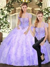 Lavender Tulle Lace Up Strapless Sleeveless Floor Length Ball Gown Prom Dress Beading and Appliques and Ruffles