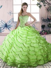 Yellow Green Sweetheart Lace Up Ruffled Layers Sweet 16 Dresses Brush Train Sleeveless