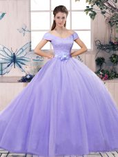 Flirting Lavender 15th Birthday Dress Military Ball and Sweet 16 and Quinceanera with Lace and Hand Made Flower Off The Shoulder Short Sleeves Lace Up