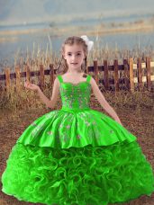 Fabric With Rolling Flowers Straps Sleeveless Sweep Train Lace Up Embroidery Pageant Gowns For Girls in