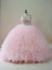 Sleeveless Brush Train Beading and Ruffles Lace Up Sweet 16 Dress