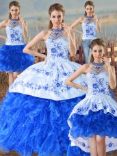 Blue And White Quinceanera Dress Sweet 16 and Quinceanera with Embroidery and Ruffles Halter Top Sleeveless Lace Up