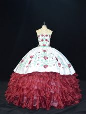 Floor Length Burgundy Sweet 16 Dresses Organza Sleeveless Embroidery and Ruffles