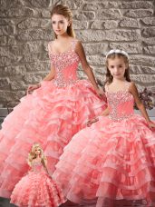 Wonderful Watermelon Red Quinceanera Dresses Sweet 16 and Quinceanera with Beading and Ruffled Layers Straps Sleeveless Court Train Lace Up