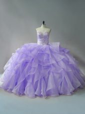 Perfect Lace Up Quince Ball Gowns Lavender for Sweet 16 and Quinceanera with Beading and Ruffles Brush Train