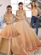 Backless 15th Birthday Dress Peach for Military Ball and Sweet 16 and Quinceanera with Lace Sweep Train