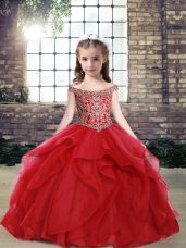 Low Price Red Pageant Dress for Womens Party and Wedding Party with Beading and Ruffles Off The Shoulder Sleeveless Lace Up