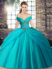 Romantic Teal Off The Shoulder Neckline Beading and Pick Ups Quinceanera Dress Sleeveless Lace Up