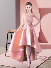 Sleeveless Satin High Low Zipper Dama Dress for Quinceanera in Peach with Lace