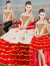 Pretty Floor Length Lace Up 15th Birthday Dress White And Red for Sweet 16 and Quinceanera with Beading and Ruffled Layers