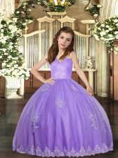 Customized Lavender Ball Gowns Straps Sleeveless Tulle Floor Length Lace Up Appliques Girls Pageant Dresses