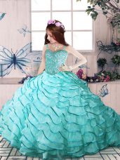 Fantastic Floor Length Aqua Blue Little Girls Pageant Dress Spaghetti Straps Sleeveless Lace Up