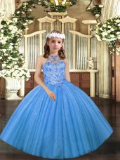 Lovely Baby Blue Halter Top Neckline Beading Kids Formal Wear Sleeveless Lace Up